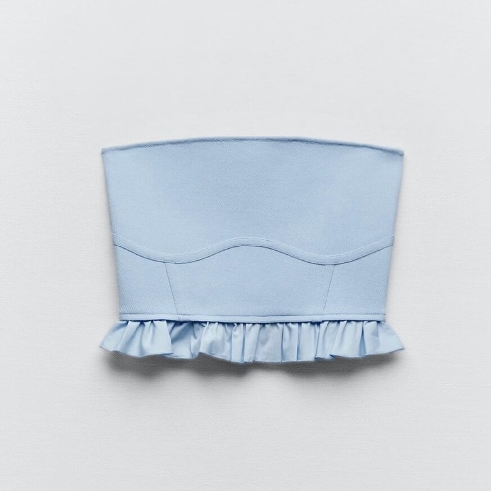 ZARA Light Blue Ruffled Knit Corset Crop Top Size M